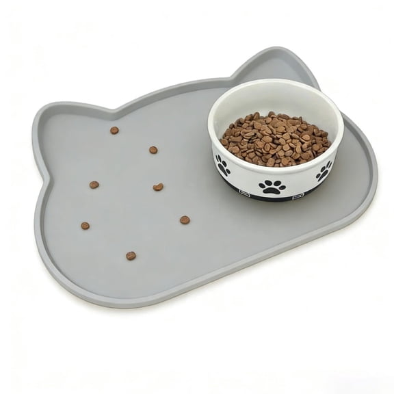 Cat Food Mat, Silicone Pet Feeding Mat for Floor Non-Skid Waterproof Dog Water Bowl Tray, Easy to Clean Pet Placemat,Gray 17" x 9"