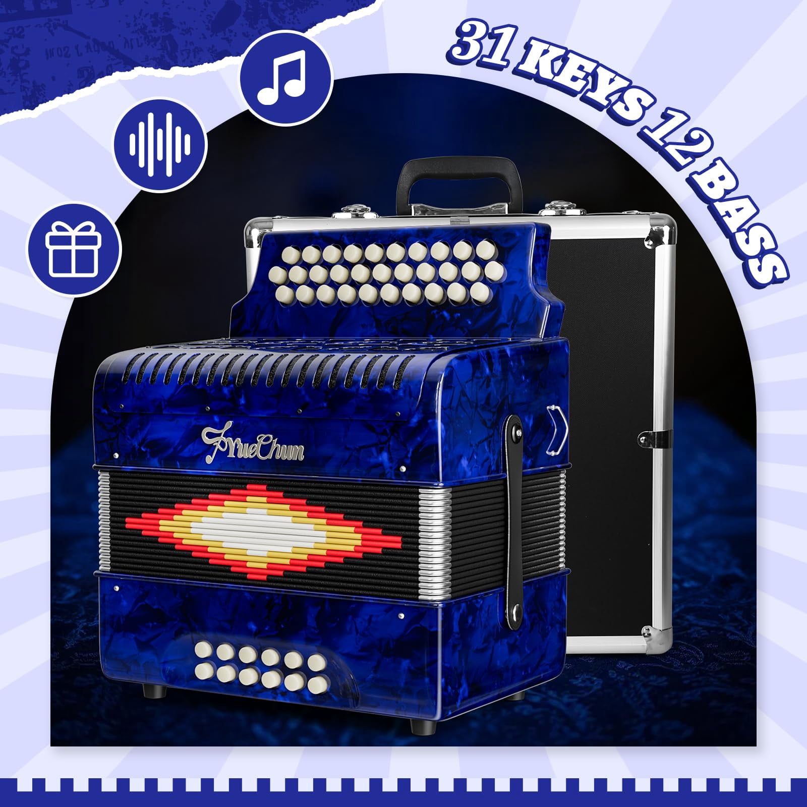 YueChun Accordion, 31 Keys 12 Bass G/C/F Diatonic Button Accordion , Portable Professional Button Accordion with Case (Blue)