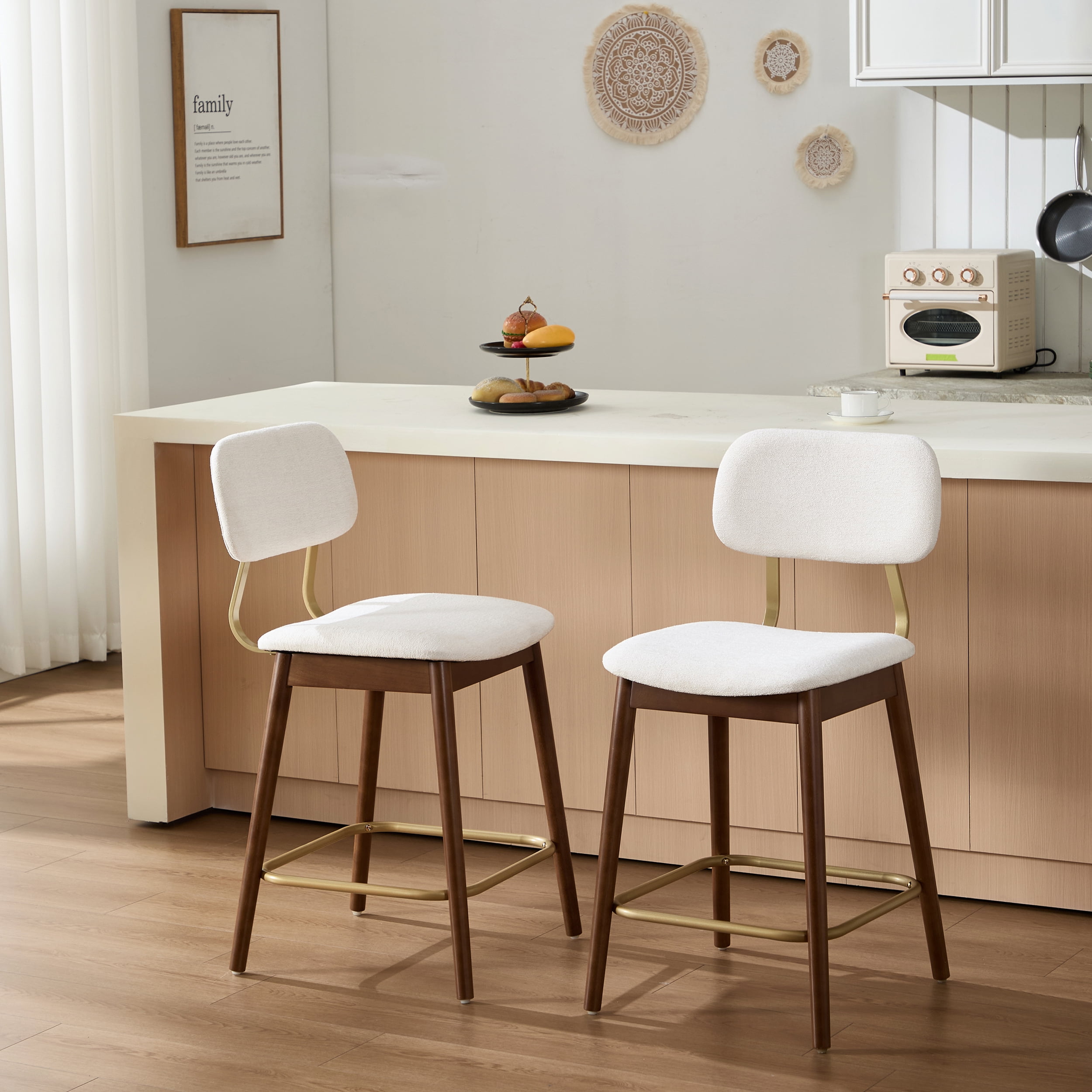 Garitin Bar Stool Set of 2 and Counter Height Chairs, Wooden Fabric Upholstered Seating with Curved Backrest for Kitchen Bar, Beige