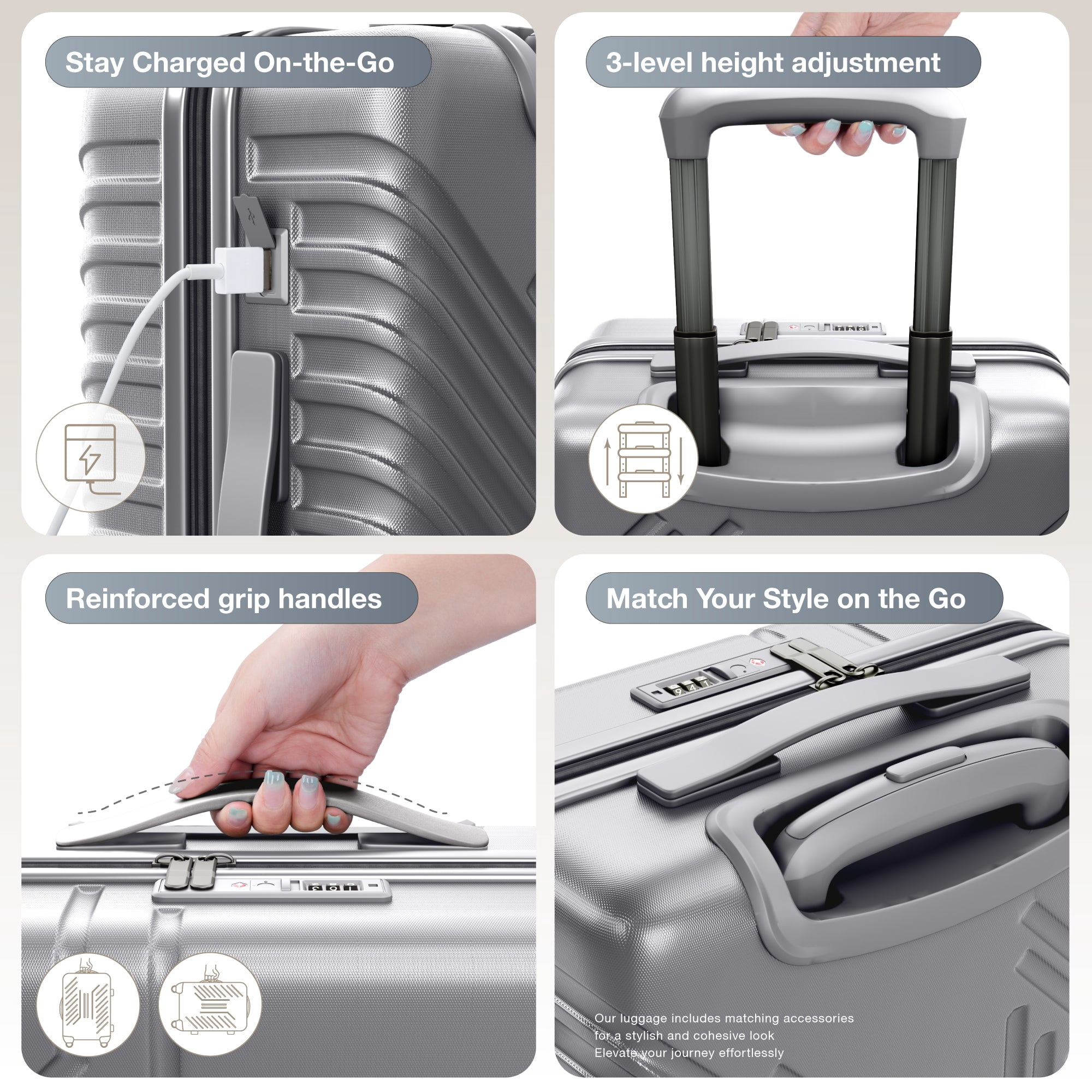 Alpha Joy Hard-shell ABS+PC Rolling Luggage 20" Carry-on Luggage with USB Port, Silver