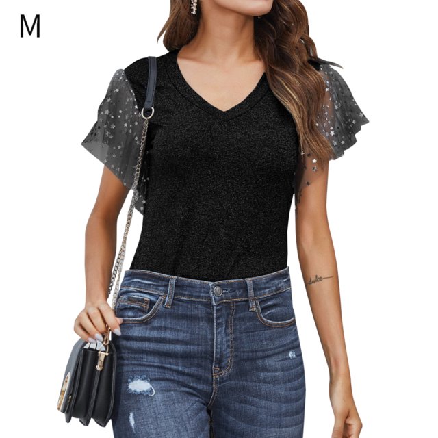Camiseta de mujer Verano Cuello en V Gasa Lentejuelas Manga corta Camiseta casual, Negro, M sidaley AP001323-10