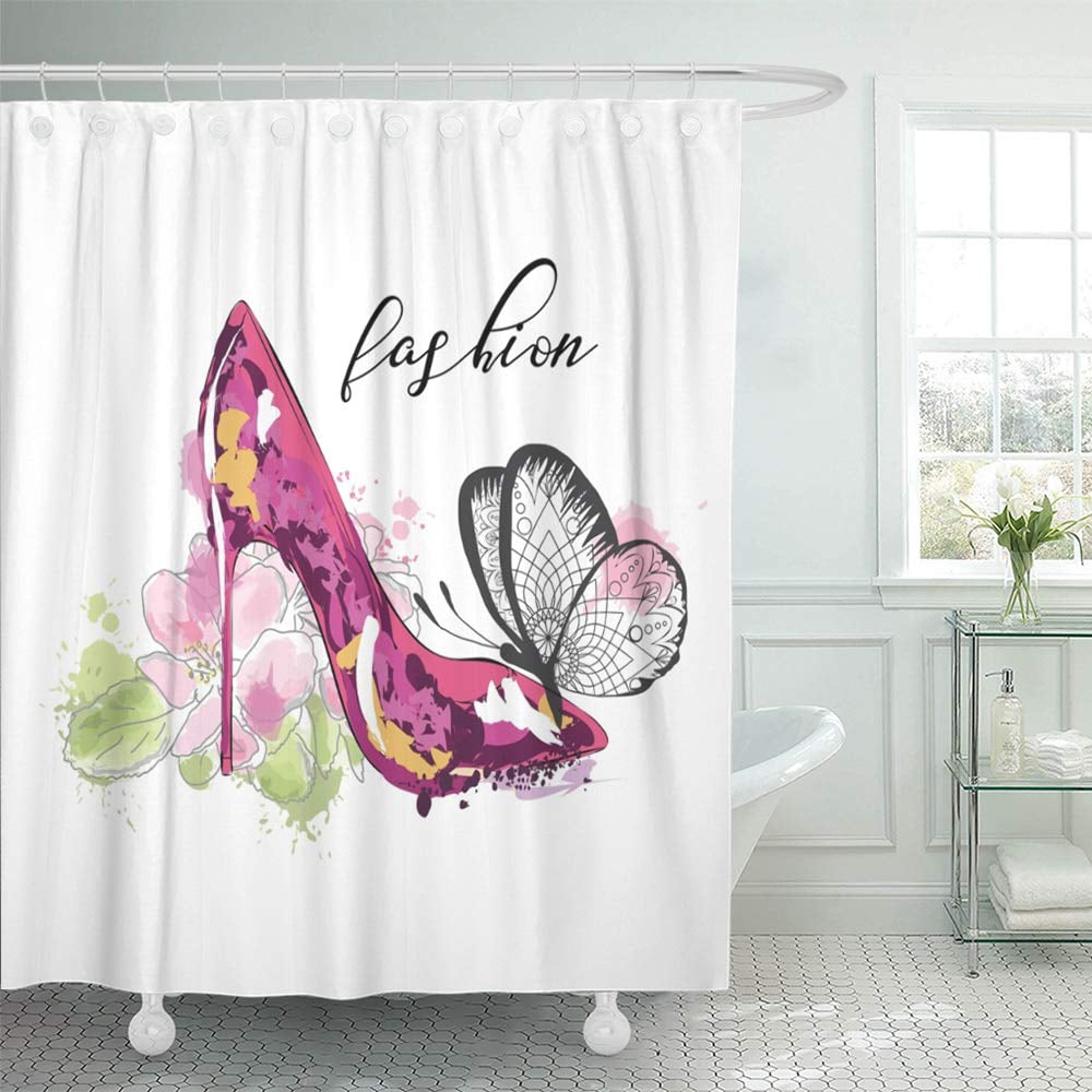 Butterfly High Heel Shoe Shower Curtain 70x70 Fabric w/Hooks 