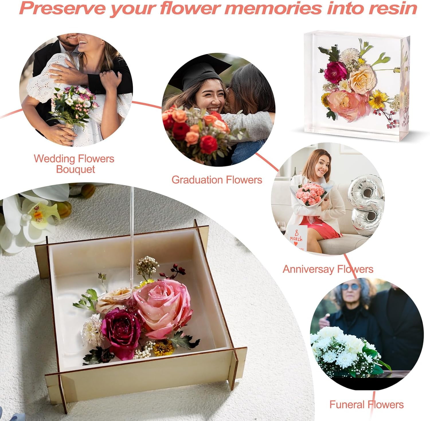 LET'S RESIN 8Pcs Resin Molds Silicone,Deep Epoxy Resin Molds for Flower Bouquet Preservation,Large Silicone Molds for Resin Casting Craft Including Square Hexagon Heart Resin Mold