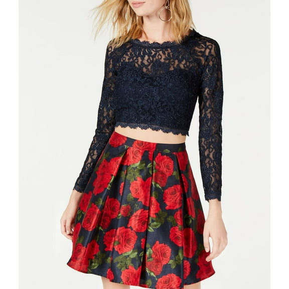 Sequin Hearts Womens Glitter Lace Crop Top Blouse, Blue, 5