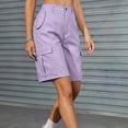 thumbnail image 4 of Bermuda Cargo Denim Shorts for Women Knee Length 6 Pockets Elastic Waist Long Jorts for Summer Casual Light Purple 2XL, 4 of 7
