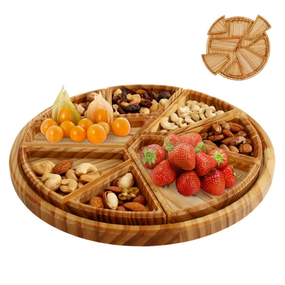 9.8" Puzzle Serving Tray with 8 Removable Compartment Wooden Divided Tray Food Platter for Fruit Dessert Nut Snacks