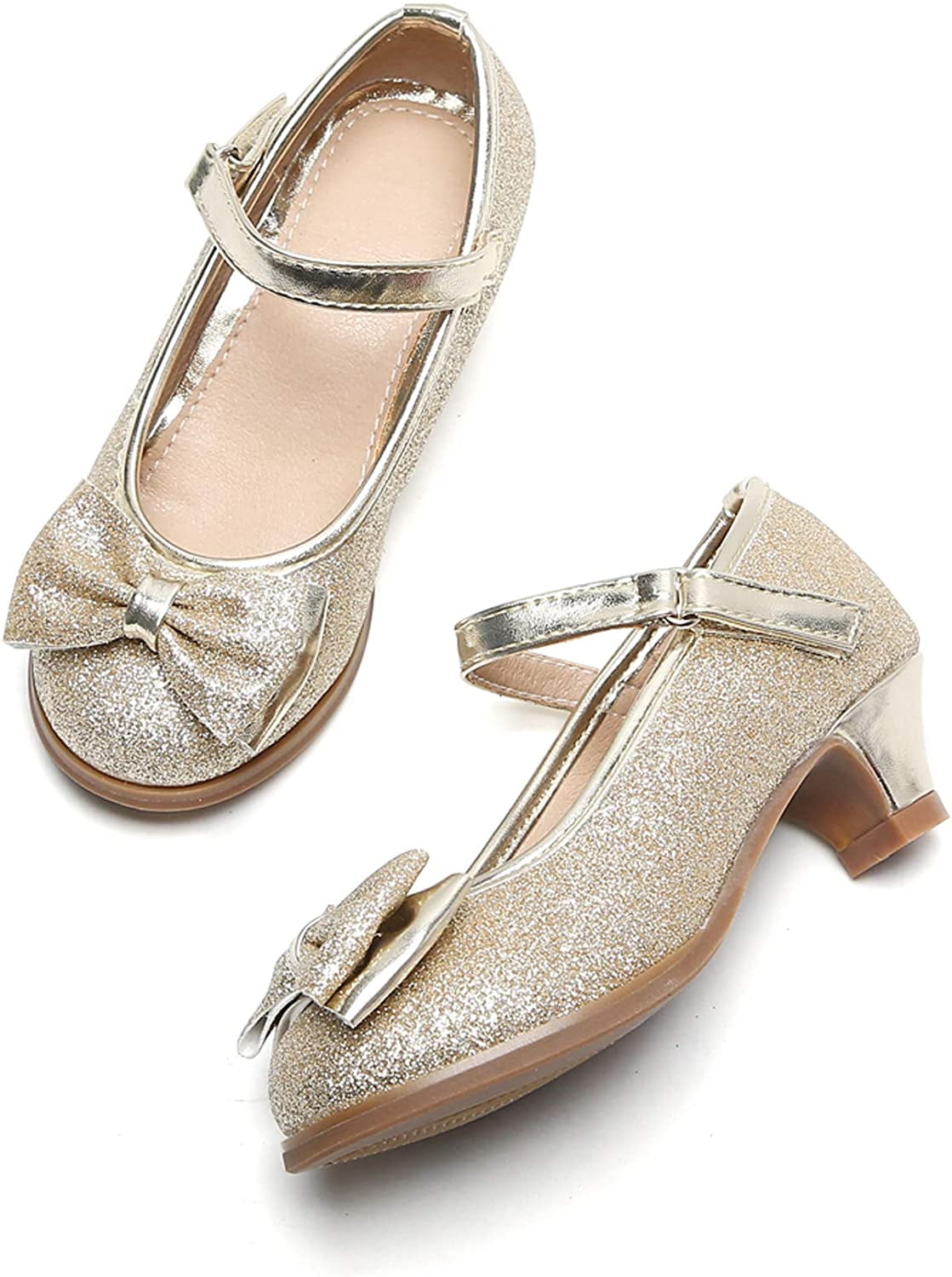 Girls Mary Jane Glitter Shoes Low Heel Princess Flower Wedding Party