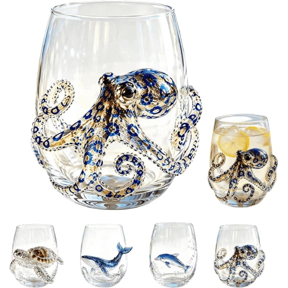 3D Blue Ocean Series Stemless Wine Glass, Handcrafted Borosilicate Drinkware with Marine Animal Sculptures, 12 oz (Multiple Designs Available)