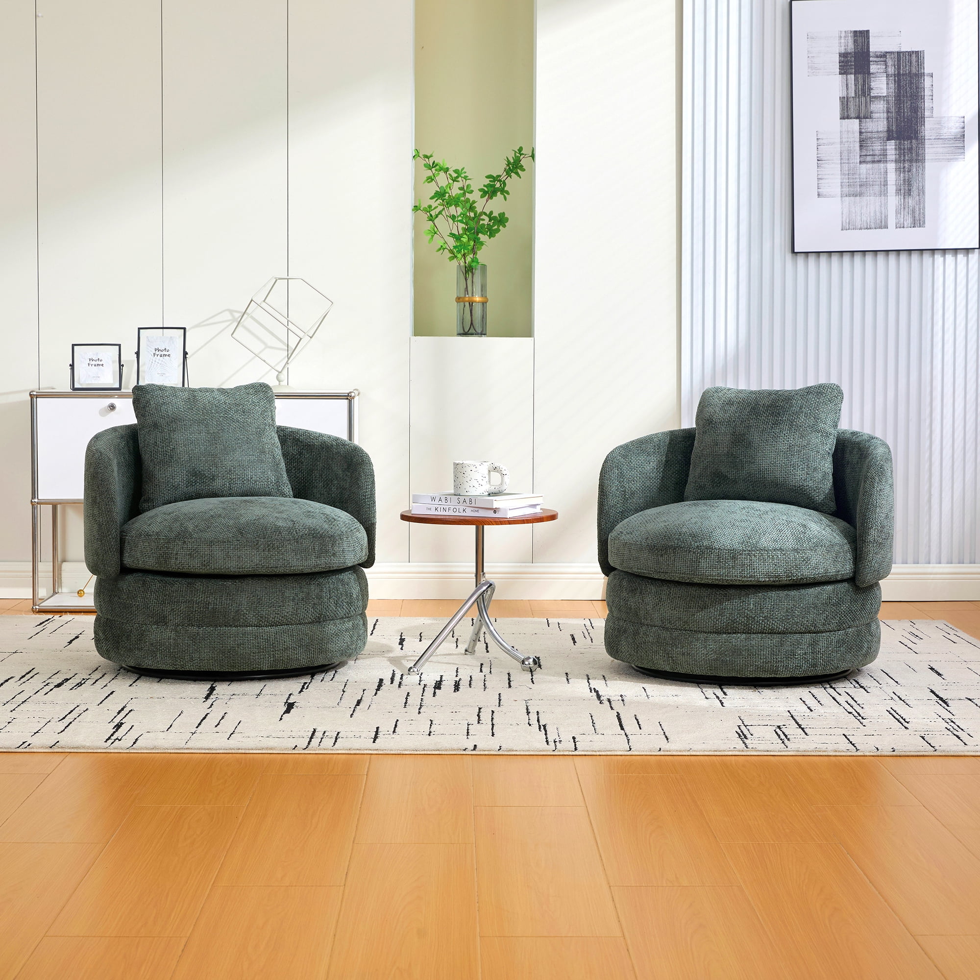 Noble House Norlyn 30" Chenille Swivel Barrel Accent Chair, 360° Comfy Lounge Reading Armchair with Pillow, Green