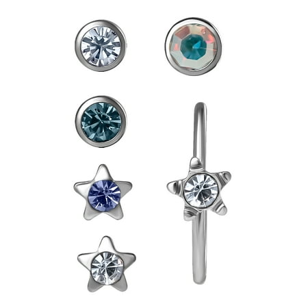 Sterling Silver CZ Stud Earrings & Surgical Steel Nose Studs Set for Women