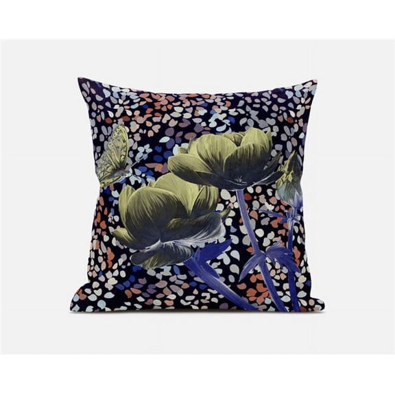 Three Roses with Butterfly Throw Pillow with Removable Cover in Yellow Dark Green Purple 20x20