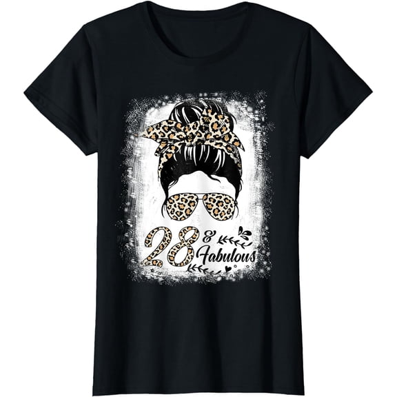 28 Years Old Fabulous Messy Bun Leopard 28th Birthday T-Shirt