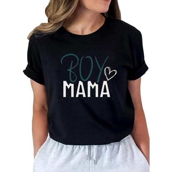 Mother Days Tees Womens Mom of Boys Round Neck Short Sleeve Graphic Shirts for Mama Shirts