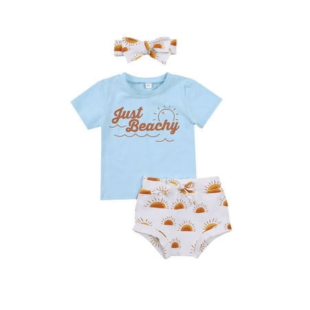 

3PCs Infant Baby Girl Summer Letter Short SleeveTop Floral Shorts Headband Sets