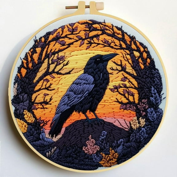 Punch Needle Kits A Raven under Sunset Embroidery Starter Set with Hoop Easy for Beginners DIY Stress Relief Handmade Craft Hobby and Home Decor 20x20cm-3
