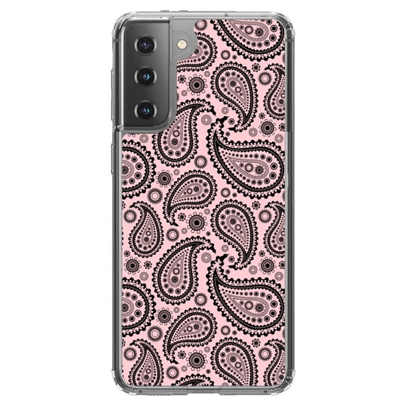 DistinctInk Clear Shockproof Hybrid Case for Galaxy S21  PLUS 5G (6.7" Screen) - TPU Bumper, Acrylic Back, Tempered Glass Screen Protector - Black & Pink Paisley