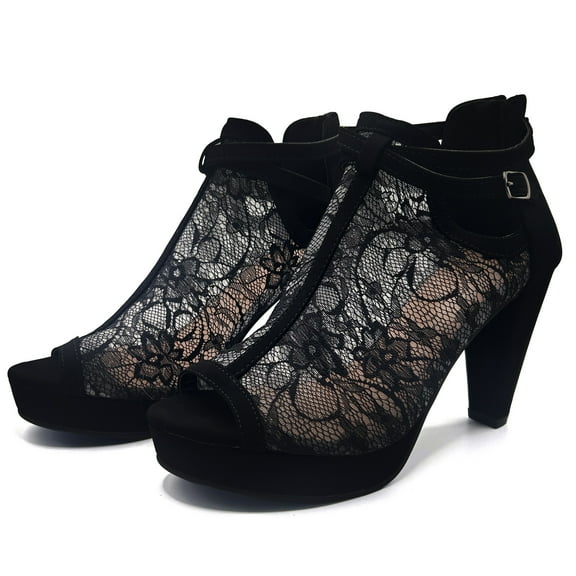 Women Floral Lace Up High-Heeled Boots Sandals With Exposed Toe Buckle Design