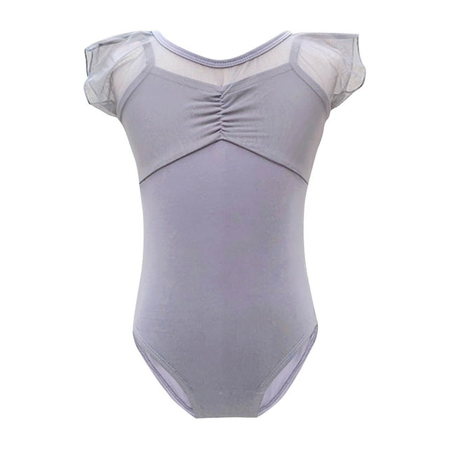 Dance Suit for Girls, Short Sleeve Round Neck Mesh Practice Jumpsuit in Solid Color, Breathable Polyester-Spandex Blend, Lightweight for Ballet Training and Daily Wear