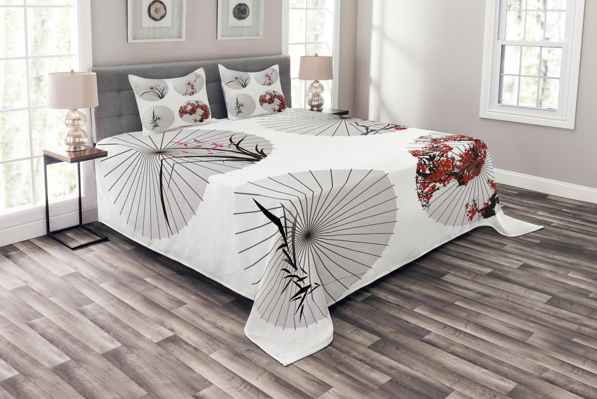 Japanese Bedspread Set King Size, Group of Ethnic Parasol with Swirled
