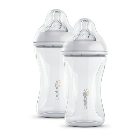 Bebek 8 oz, Graduated in Ounces and ML Patented Anti Colic Clear BPA-Free Bottle, w/ Easy to Clean Sense-Flo Hospital Grade Silicone nipples ( 2 Pack)