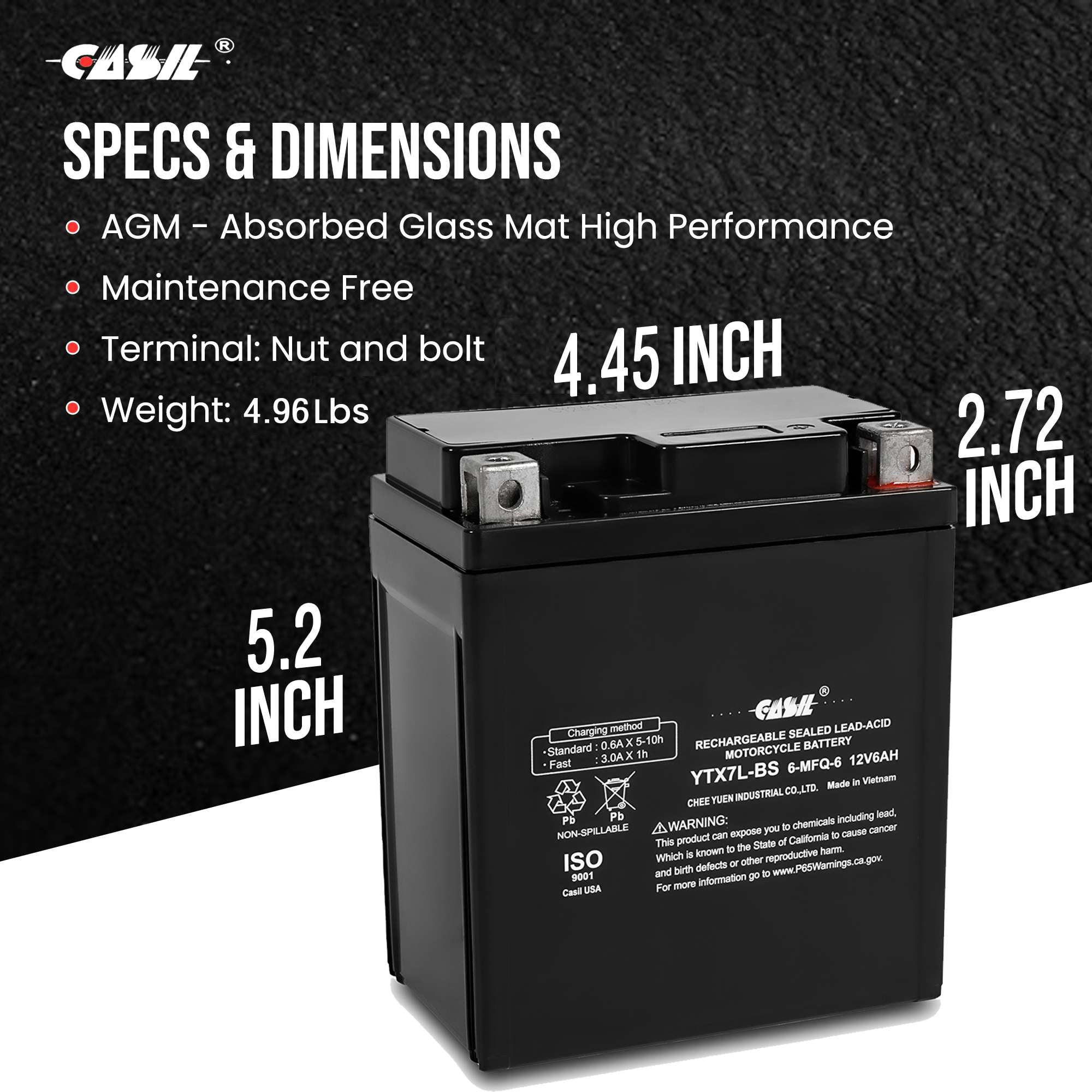 YTX7L-BS, GTX7L-BS, FTX7L-BS, PTX7L-BS Replacement Battery 140cca High Performance WP7L-BS Sealed AGM for Kawasaki, Suzuki, Honda, KTM, Yamaha, Aprilia, ATK, Bimota Motorcycle, Scooter