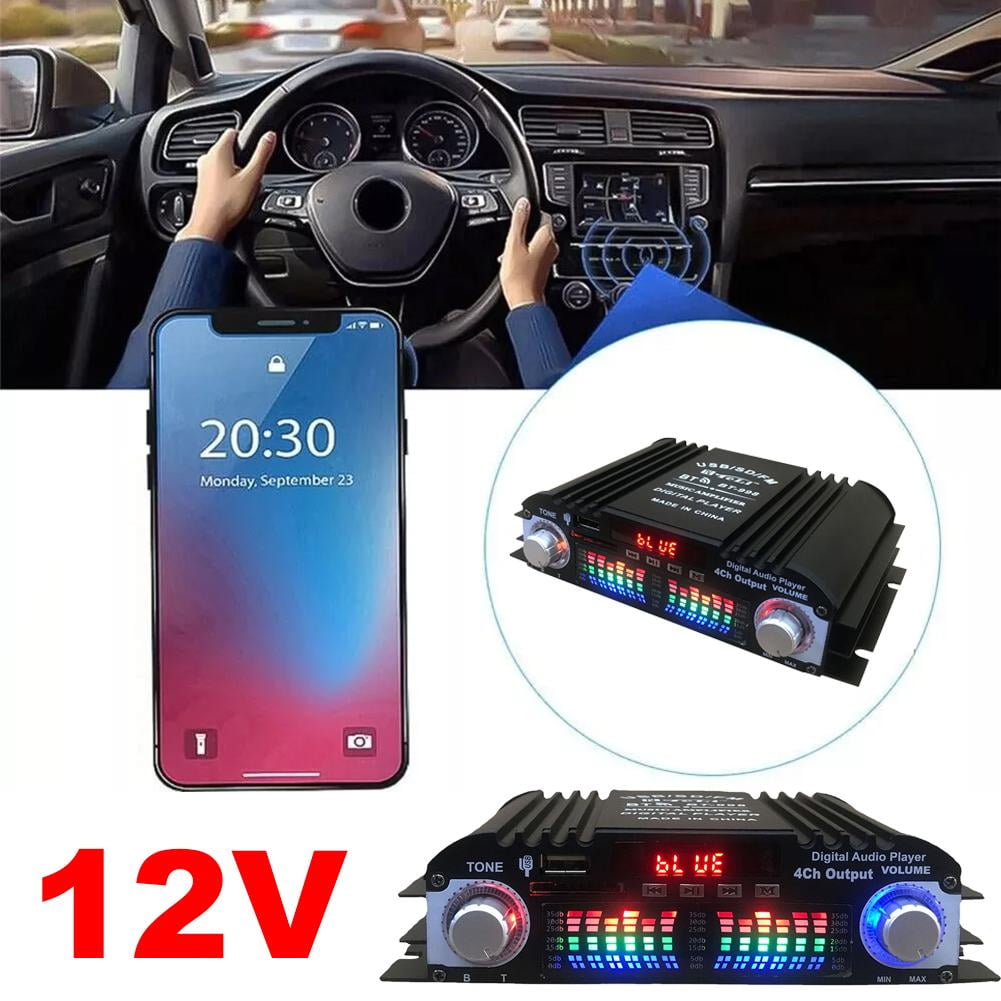 QHUDLV 4‑Channel HiFi Stereo Car Amp,Bluetooth Radio USB Music Player