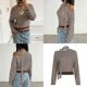 thumbnail image 2 of Women Asymmetrical Off Shoulder Slimming Long Sleeve Blouse Daily Wear Stripe T-Shirt Waist Cinching Crop Top with Scarf L, 2 of 4