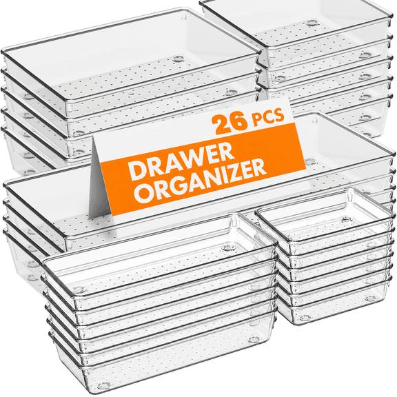 Criusia Extra Large 26 PCS Clear Plastic Drawer Organizer Set, Stackable Organizer Bins for Makeup, Vanity, Bathroom, Kitchen, Bedroom and Office