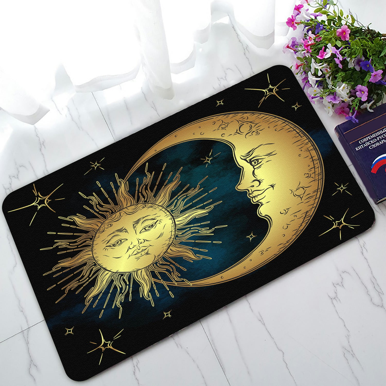 ECZJNT golden sun crescent moon and stars over blue black sky Doormat Bath Mat Rug Entrance Rug