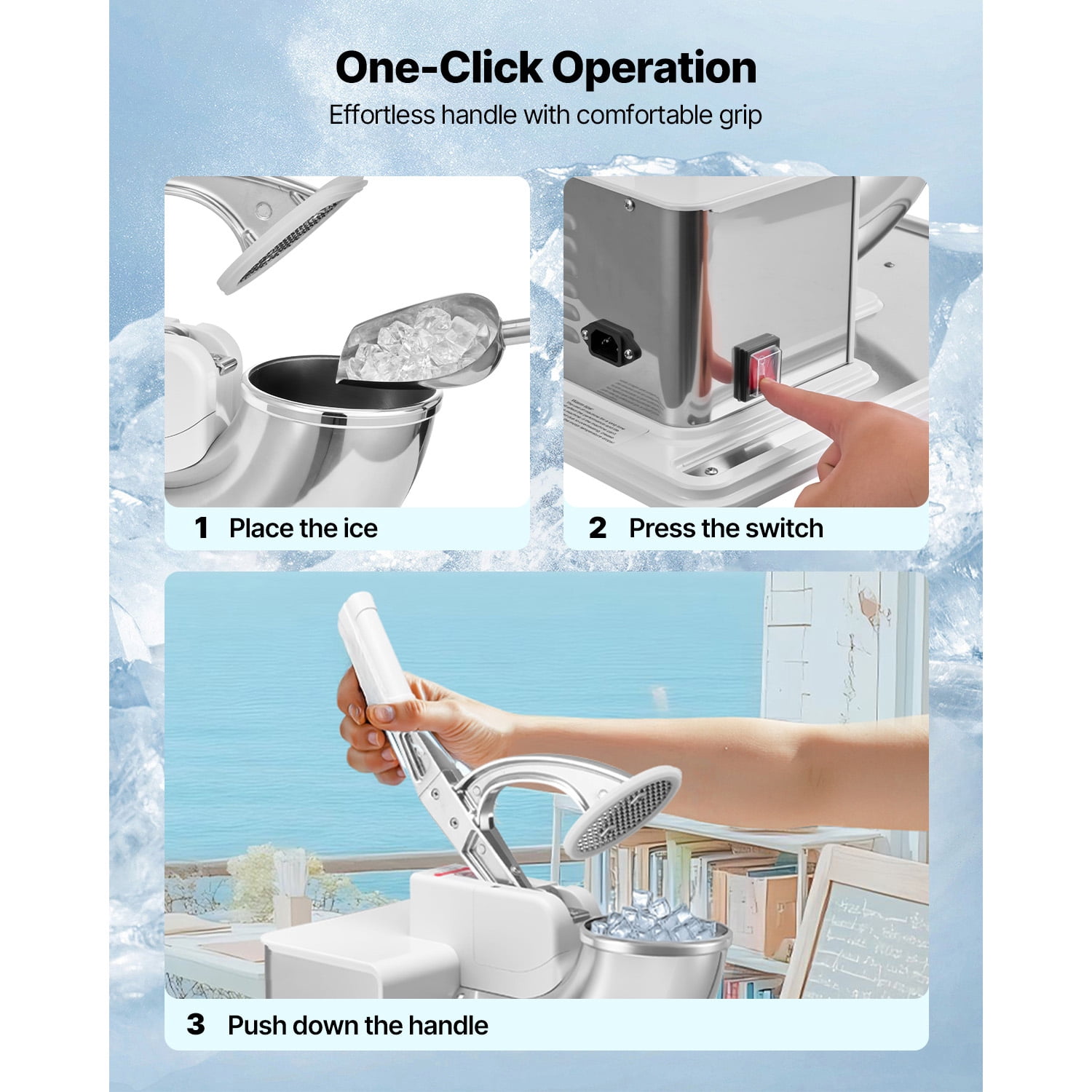 KFFKFF Commercial Ice Crusher 661LBS/H, 350W Electric Snow Cone Machine with 4 Blades, 1400RPM Stainless Steel Shaved Ice Maker with 11 Gal Ice Storage, Ideal for Homes, Restaurants, and Bars, White