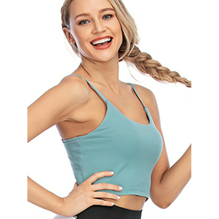 FANNYC Womens Comfy Padded Gym Workout Longline Crop Top Sleeveless Shirt  Camisole Built-in Bra Ladies Gym Sports Bra Vest Tank Cropped Tops Womens