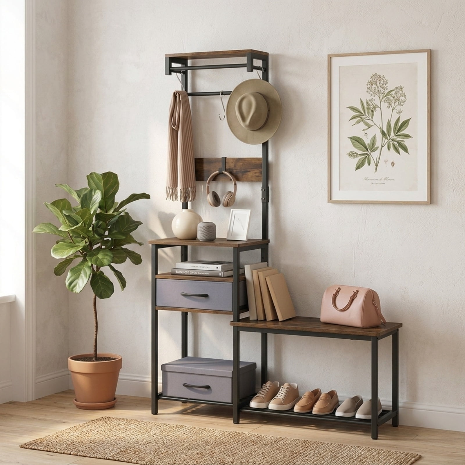 Furnibear 7 in 1 Slim Hall Tree with Shoe Bench and Hooks and Removable Fabric Drawer for Narrow Entryway and Hallway, Rustic Brown