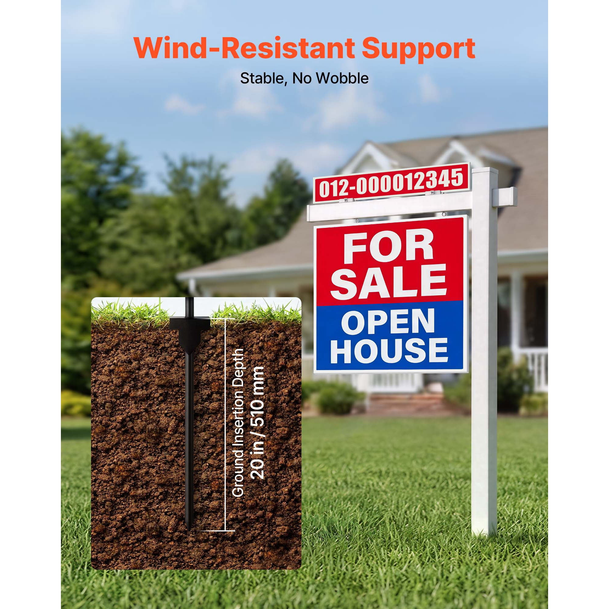 KFFKFF 6 ft Real Estate Sign Post, PVC Yard Sign Holder with 47 in Arm for Signs up to 36 in, Easy Installation, Wind-Resistant, Suitable for Open House, Home, Outdoor Use, White (No Signs Included)