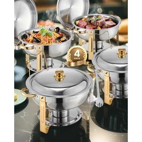 VEVOR 5 Qt 4 Pack Round Chafing Dish Buffet Set Full-Size Pan Stainless Steel Gold
