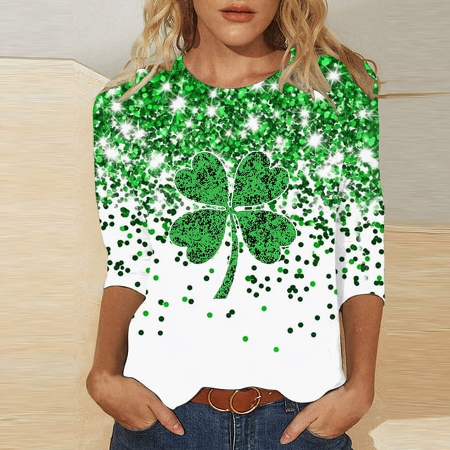 TaTaai Women St. Patrick's Day Green Print Crew Neck 3/4 Sleeve T-Shirt Loose Casual Top Ladies Spring Holiday Street Wear Lightweight Breathable Non-See-Through No Fading Soft Top Gift