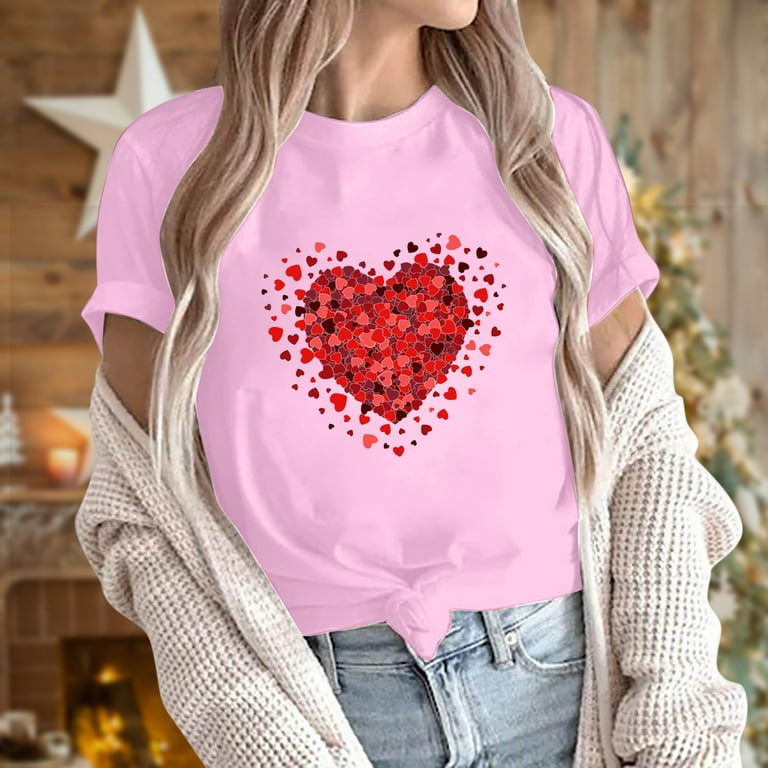 ZQGJB Love Heart Pattern Tops for Women Summer Short Sleeve Casual Round  Neck Graphic T-Shirts Loose Fit Comfy Blouse Trendy Tunic Shirts(Pink,XL) 