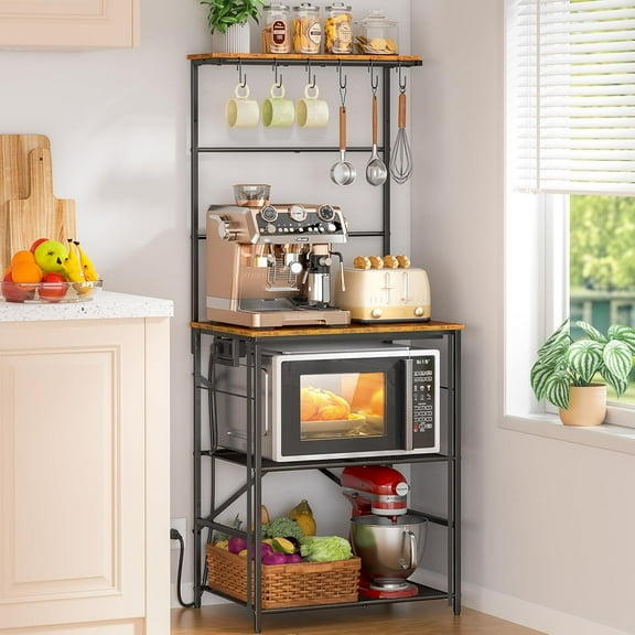 Kitchen Bakers Rack with Power Outlet, 4-Tier Coffee Bar Station with 6 S Hooks, Microwave Stand for Kitchen, Living Room, Farmhouse, 23.62" W x 15.74" D x 57.13" H, Rustic Brown