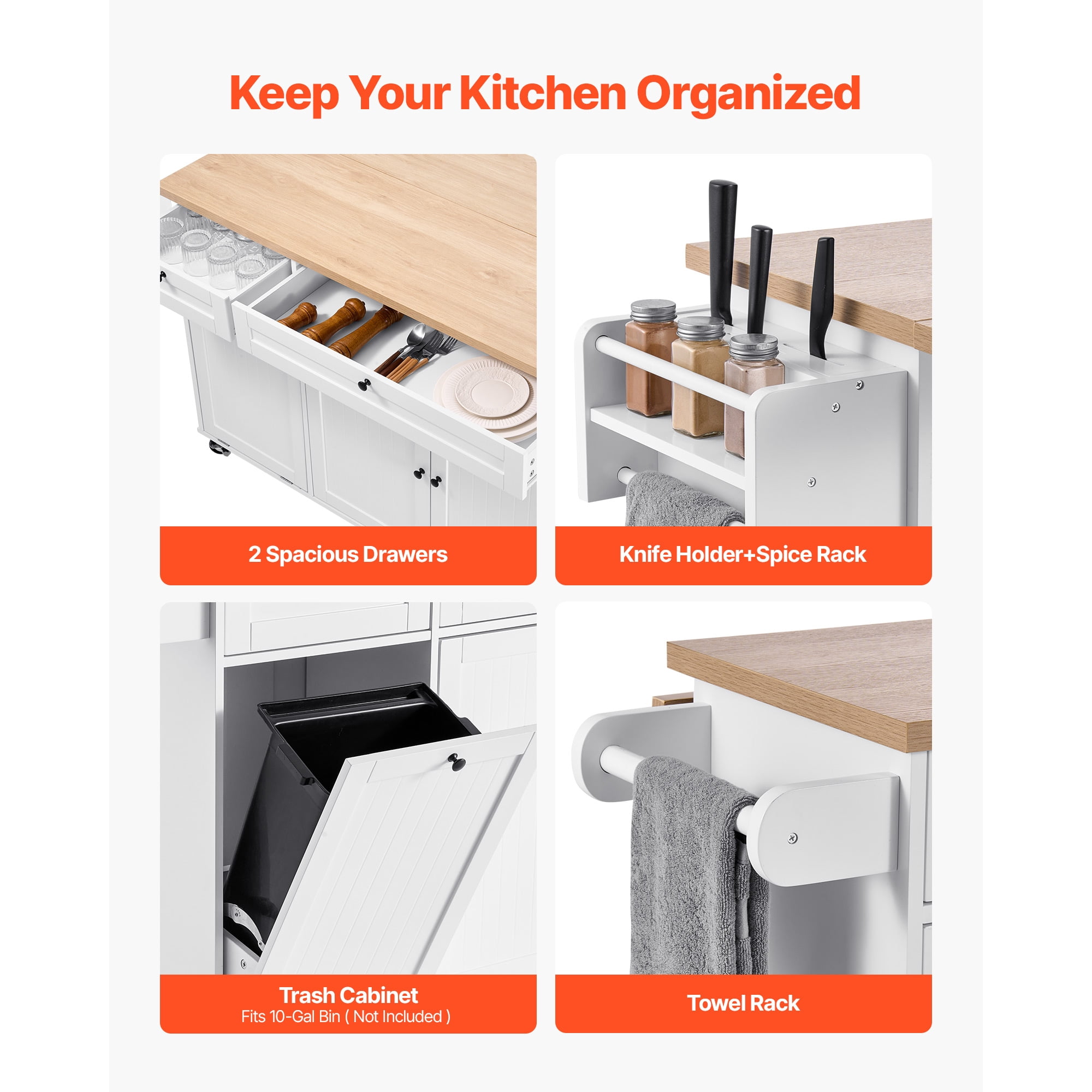 KFFKFF 60in Wide Mobile Kitchen Island Cart with Storage, Drop Leaf, 2 Drawers, Trash Bin Cabinet, Knife Slot, Spice Organizer, and Towel Bar, Ideal for Dining Room or Pantry