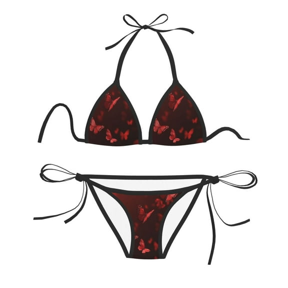 Women Two Piece Swimsuit Sexy Swimwear Halter String Triangle Bikini Sets - Red Rose Butterflies (1)
