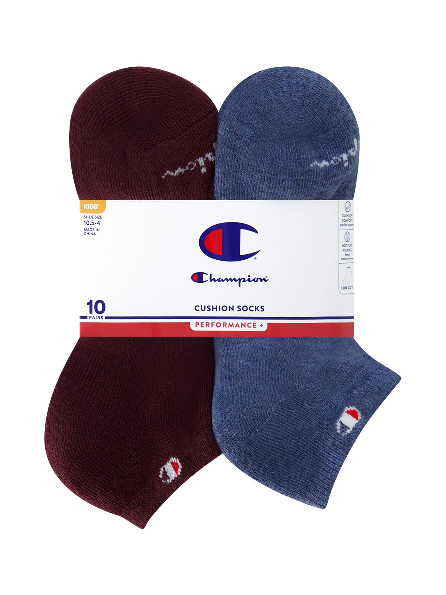 Champion Boys Cushion Performance+ Kid Low Cut Socks, 10 Pack, Sizes S–L