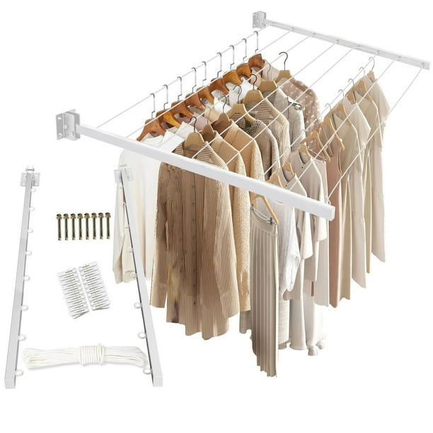 Tendedero Plegable, Tendedero Retractil Pared, Cable de Acero, Reforzado con Metal, para Colgar Ropa y Mantas Pesadas, Adecuado para Patio, Balcón, Terraza, Exterior(Blanco, 8 lineas)