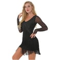 thumbnail image 4 of iEFiEL Womens Mesh Long Sleeve Tassel Dance Dress Rhinestone Fringed Dancing Costume, 4 of 7