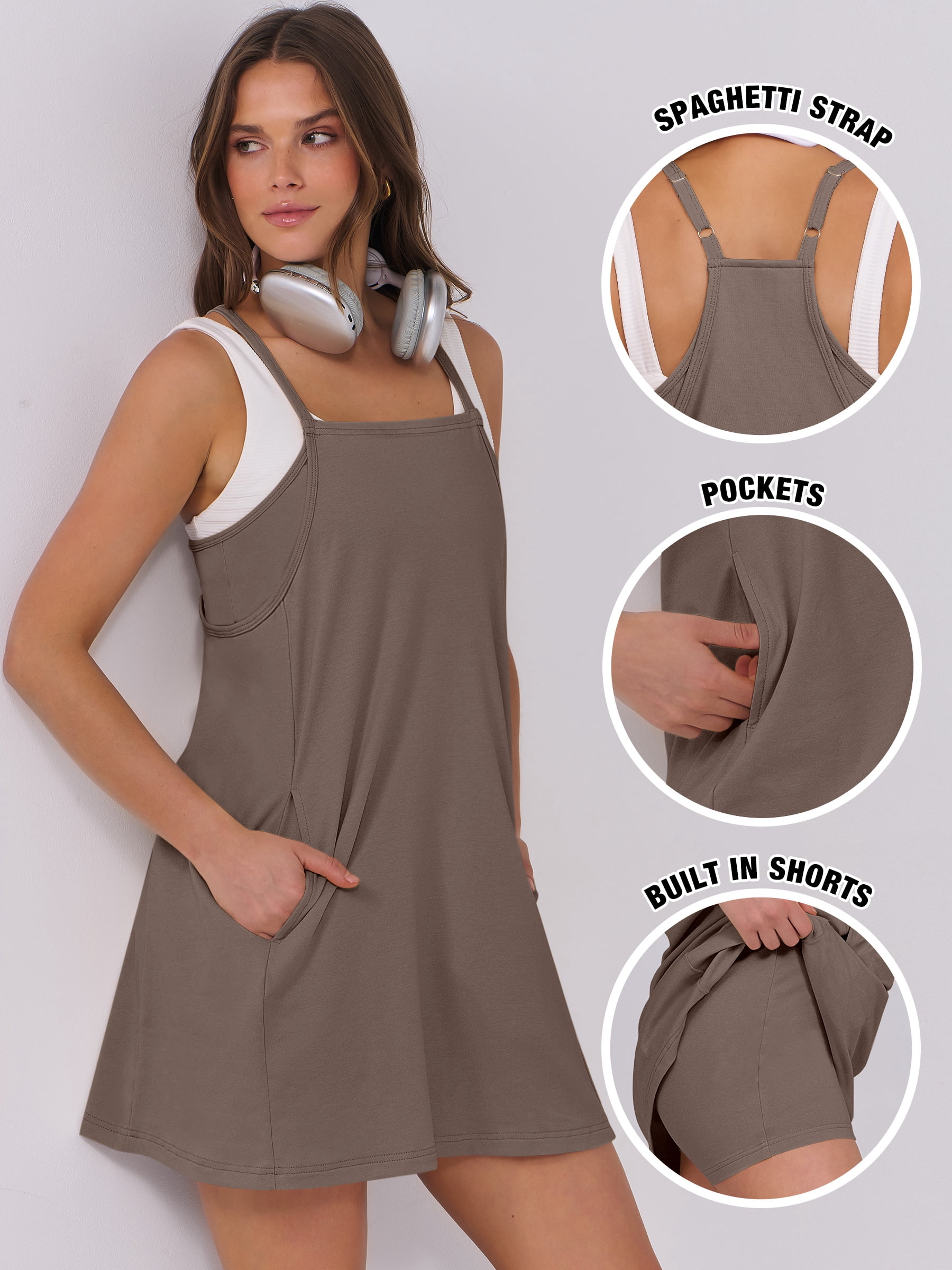 ANRABESS Women's Athletic Dress with Built in Shorts Spaghetti Strap Mini Romper Dress with Pockets, Summer Tennis Workout Dress