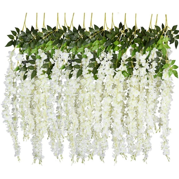 Sinhoon 6 Pack 3.75 Feet/Piece Artificial Fake Wisteria Vine Ratta Hanging Garland Silk Flowers String Home Party Wedding Decor (White)