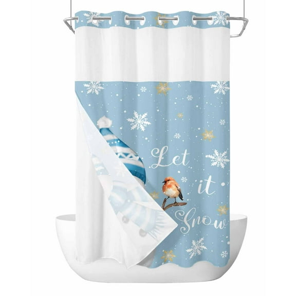 No Hook Shower Curtain with Snap in Liner,Blue Snowman Christmas Bird Waterproof Bath Curtain Double Layers with See Through Top Window, Winter Snowflakes Seamless Hotel Shower Curtains 36x72in