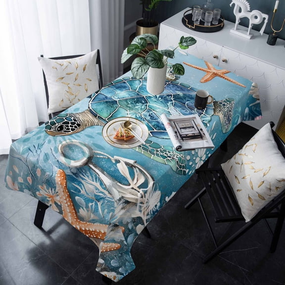 Blue Coastal Sea Turtle Tablecloth Rectangle Table Cloths 54x108 , Waterproof Tablecloth Outdoor Table Cloth, Summer Beach Starfish Botanical Washable Table Cover for Kitchen Dining Party