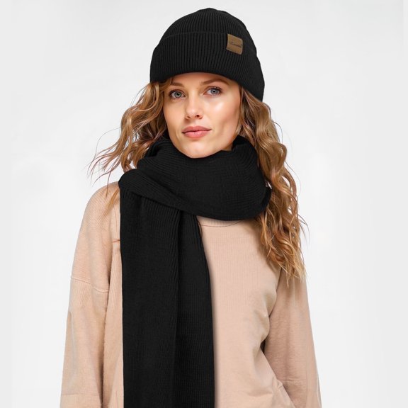 Loritta Winter Beanie Hat Scarf Set for Women Fleece Lined Winter Hat Long Soft Knit Scarf for Cold Weather Black