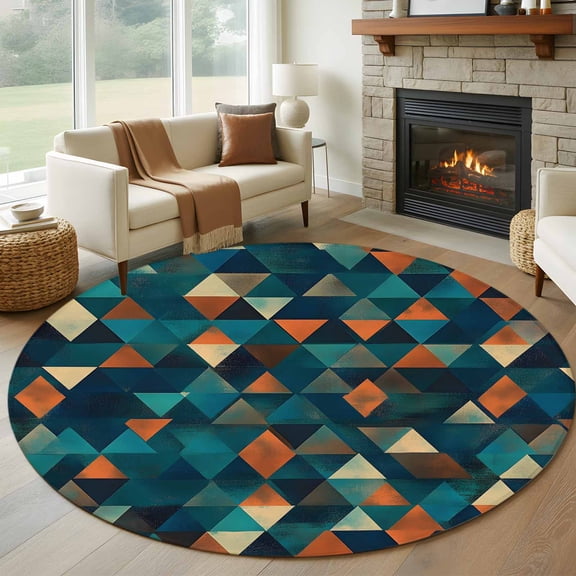 Round Rugs 7 Ft, Teal Orange Abstract Art Non Slip Area Rugs for Kitchen Bedroom Entryway, Geometric Modern Art Washable Carpet Runner Rug Floor Mats for Bedroom Home Decor