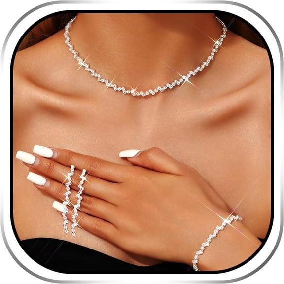 DESIGNICE Rhinestone Choker Necklace Jewelry Sets Bridal Diamond Tennis Chain Necklace Earrings and Bracelet Bling Prom Formal Jewelry Set for Women