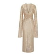 thumbnail image 4 of cfhntfmh Robes de Cocktail pour Femmes Mode Col en V Nœud devant Paillettes Longue Robe Maxi Scintillante Manches Longues Robe de Soirée de Bal, 4 of 6
